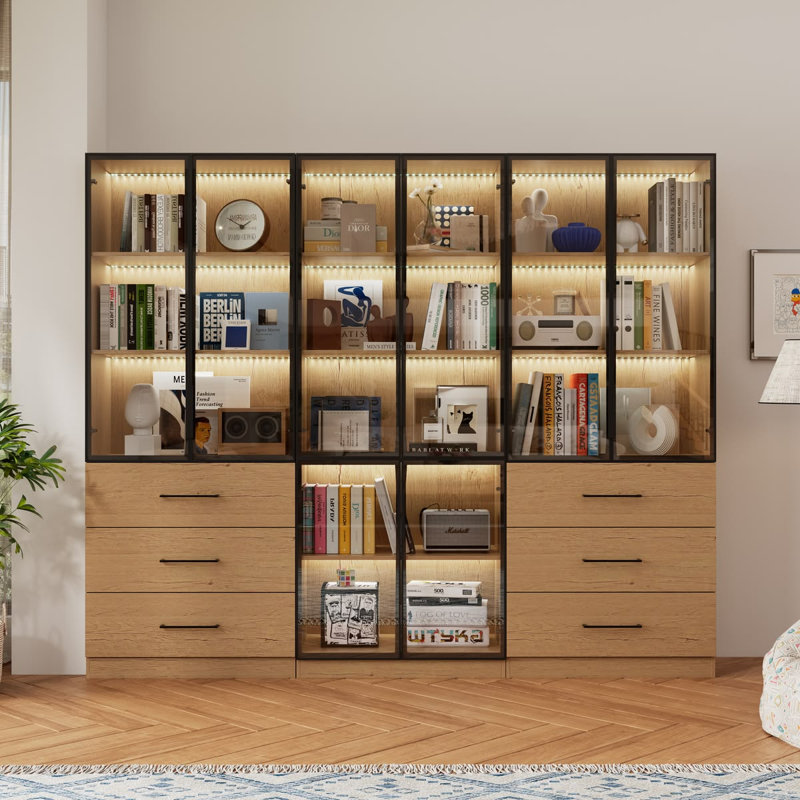 Vitrine de 94,5 po de largeur avec portes en verre, bibliothèque à 6 portes avec tiroirs, structure en métal et tablettes ouvertes