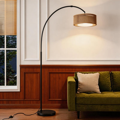 Floor Lamps For Living Room, Arc Floor Lamp with Dimmable Bulb, Boho Rattan Standing Lamp With 3 Color Temperatures, Height Adjustable Tall Lamp For Bedroom, Over Couch Reading Lamp