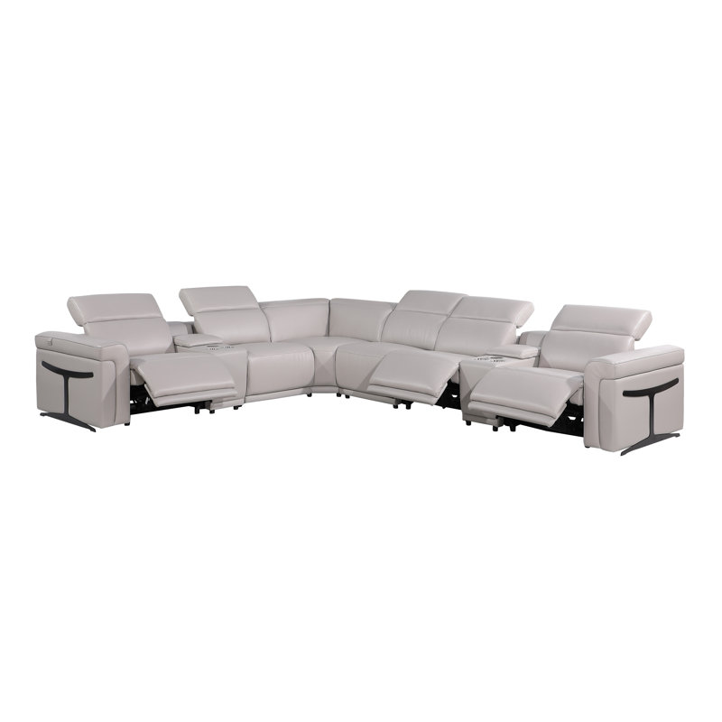 Suhur 8 - Piece Top Grain Italian Leather Power Reclining Sectional, Light Gray Genuine Leather