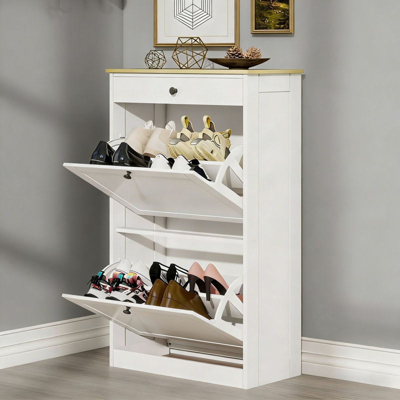 Double Flip-Down Drawer Shoe Cabinet, White/Light Yellow 