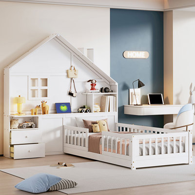 Twin Size House Bed With Window And Bedside Drawers, Platform Bed With Shelves And A Set Of Sockets And Usb Port by Wildon Home