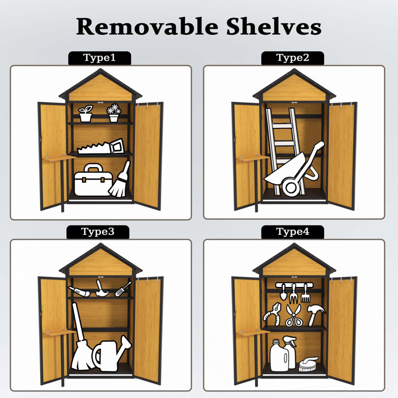 Armoire de rangement pour l'extérieur Remise de rangement en bois résistante aux intempéries avec portes imperméables verrouillables Tablettes amovibles Crochets de table pliables 69 po pour jardin et patio