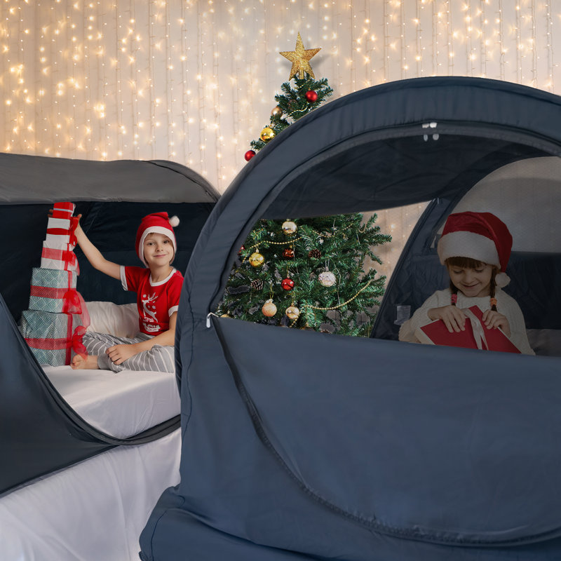 Full-Size Bed Tent with 2 LED Light Strips - Easy to Assemble, Portable 90% Blackout Canopy, Breathable with Two Doors, Enhances Bedroom Privacy and Decor