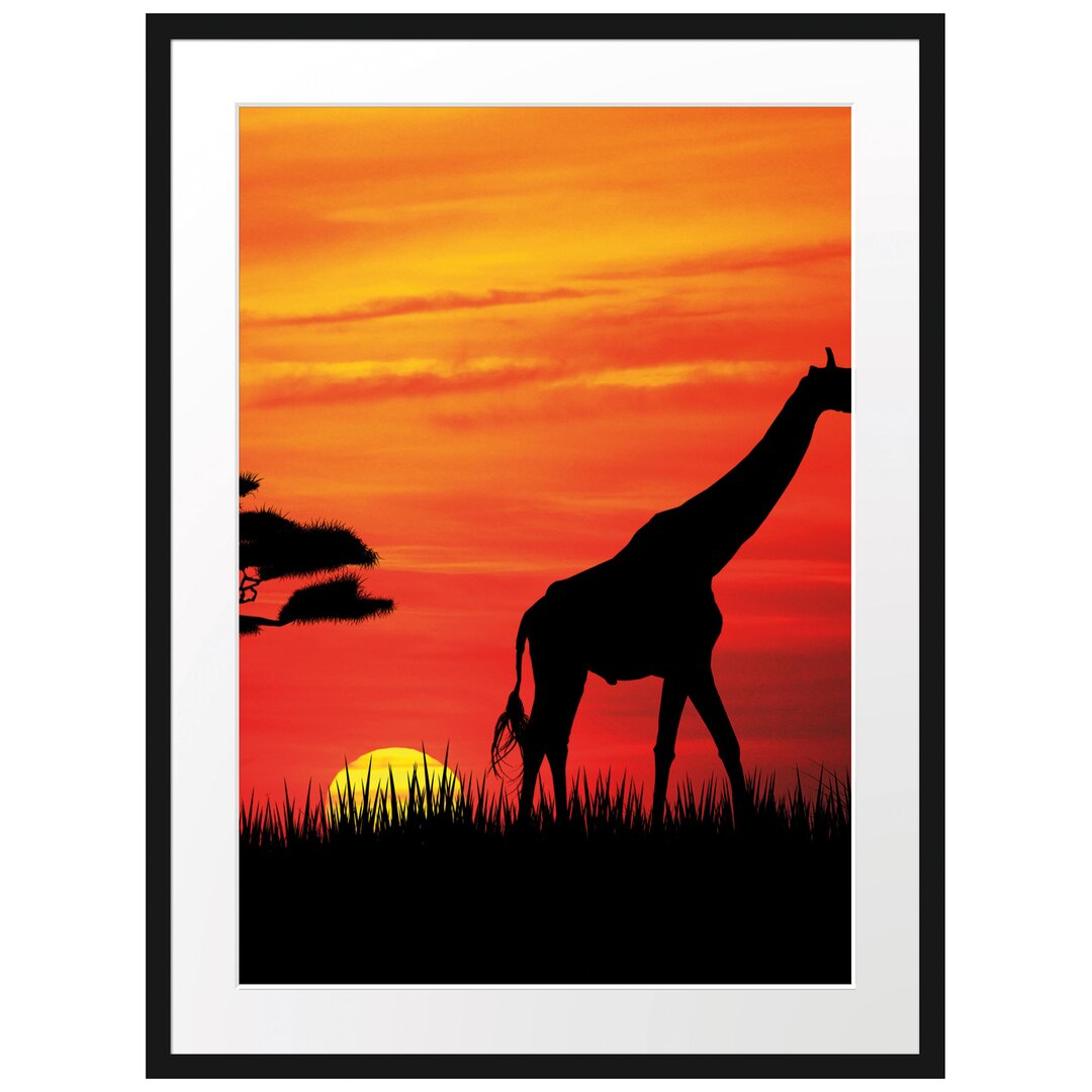 Gerahmtes Poster Giraffe im Sonnenuntergang