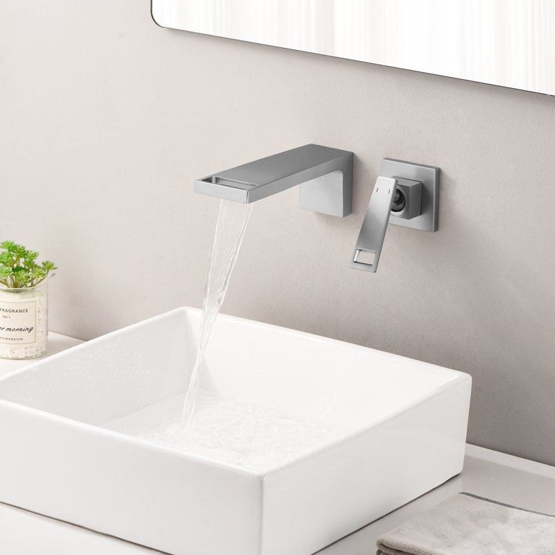Modern Wall Mount Waterfall Bathroom Sink Faucet,Single Handle Bathroom Vanity Faucets, Brushed Nickel