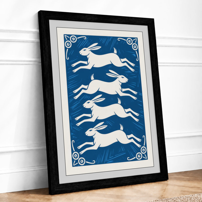 Leaping Rabbits Japandi - Framed Print, A1 - 84.1 x 59.4 cm, Black