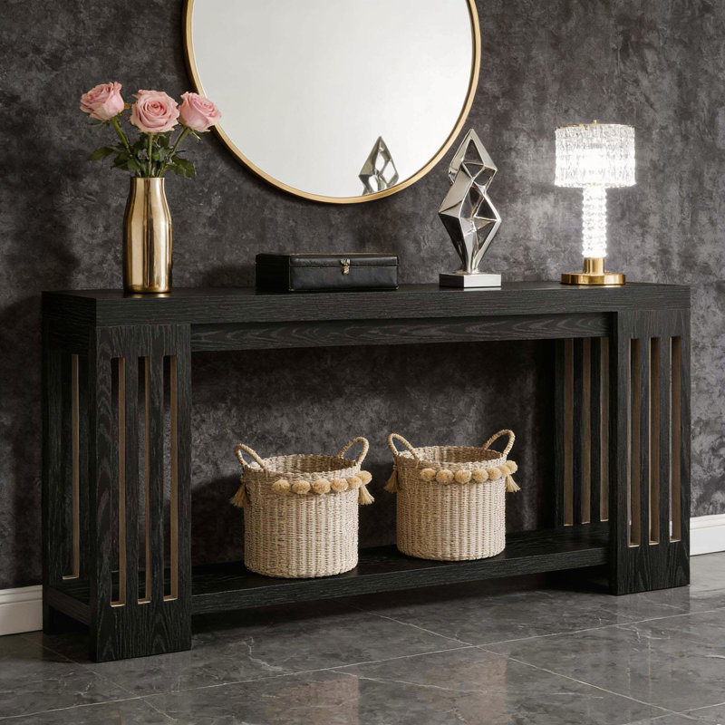 70.9-Inch 2-Tier Farmhouse Console Table - Vertical Stripe Legs, Black