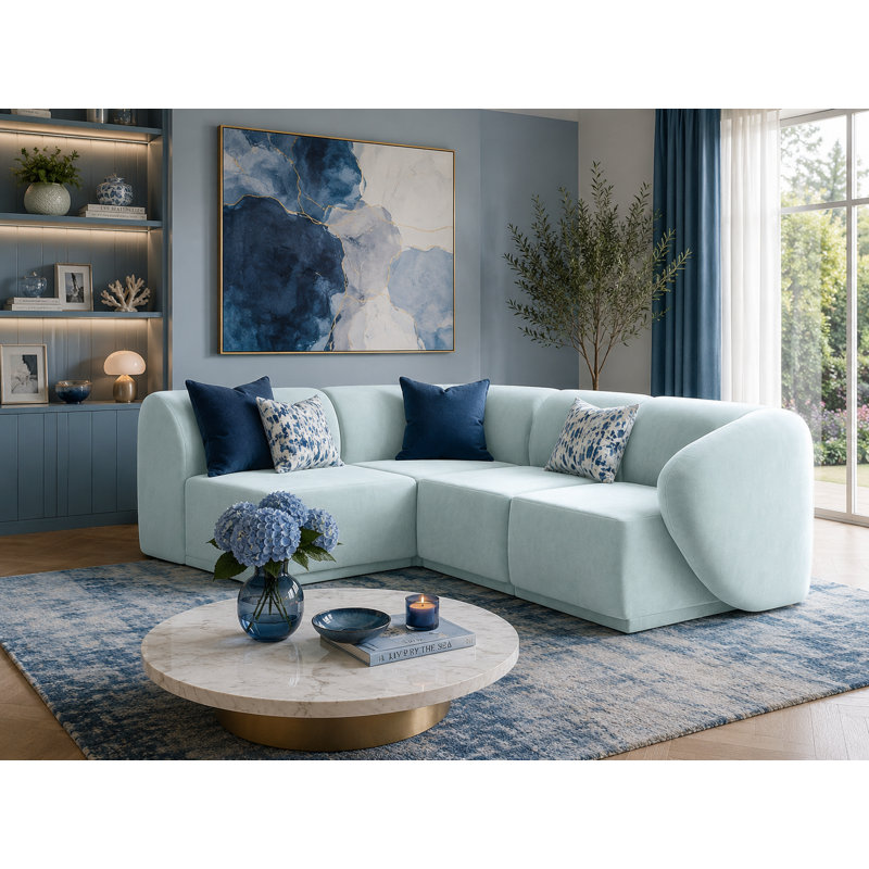 4 Seater Velvet Sofa & Chaise, Blue Velvet