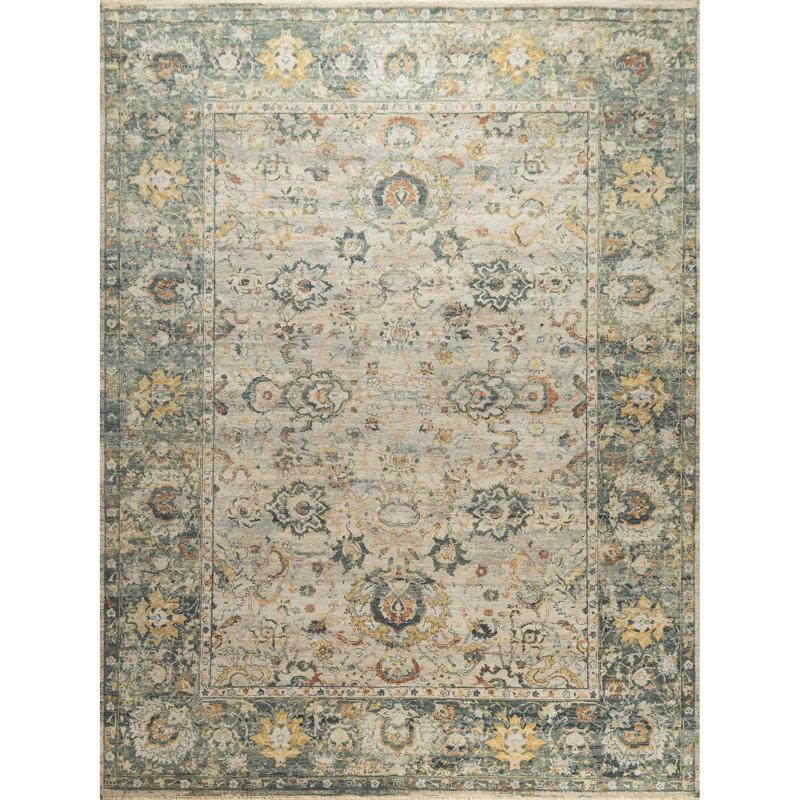 Tapis gris et vert noué à la main de haute qualité, Rectangle 9 pi x 12 pi