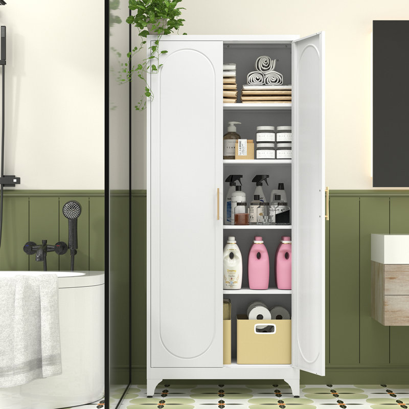  Kitchen pantry cabinet, 75" Tall Metal Storage Cabinet with Doors and Shelves, 4 Standing Feet, White Cupboard for Kitchen, Dining, Living Room, 16" D x 32" W x 75" H,