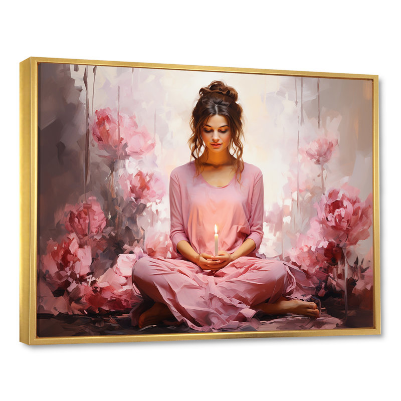 «Pink Yoga Mediation» sur impression sur toile, Cadre flottant doré, H 24 po x l 32 po x P 1 po