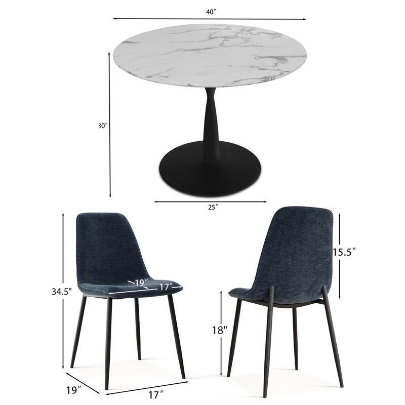 Leong 4-Person Dining Set with 40" W Round Table and Upholstered Chenille Chairs, Dark Blue