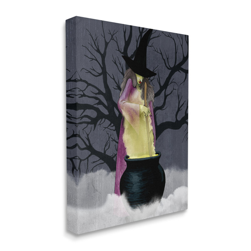 «Witch Stirring Smokey Cauldron Spooky Halloween Night», estampe numérique encadrée noire, art texturé par Grace Popp