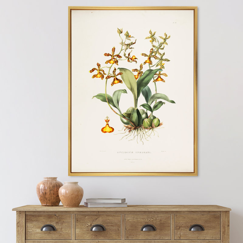 Fleur rétro I - peinture sur toile, H 32 po x l 24 po x P 1 po, Cadre flottant doré