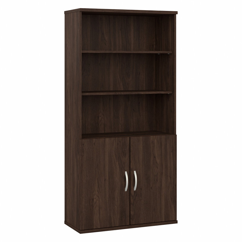 Bibliothèque hybride haute à 5 tablettes avec portes, Noyer noir