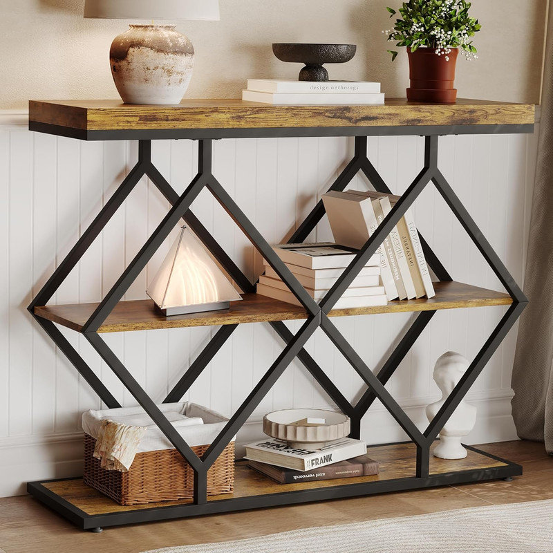 Modern 3-Tier Narrow Console Table with Gold Metal Legs for Entryway, Living Room & Hallway, Dark Brown Wood