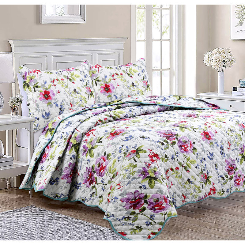  Ensemble de courtepointe réversible en microfibre mauve / rose / vert 3 pièces