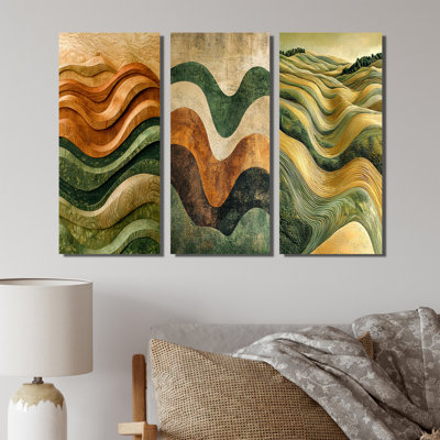«Green Ploughed Earth Abstract Landscape I - Farmhouse Wall Art Collection», 3 panneaux