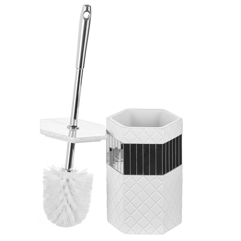 White Quilted Mirror Resin Toilet Brush Holder Set