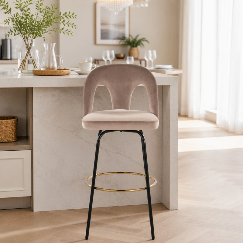 Tabouret de bar à hauteur fixe avec pivot en métal noir et velours taupe avec repose-pieds rond en métal doré - ensemble de 2