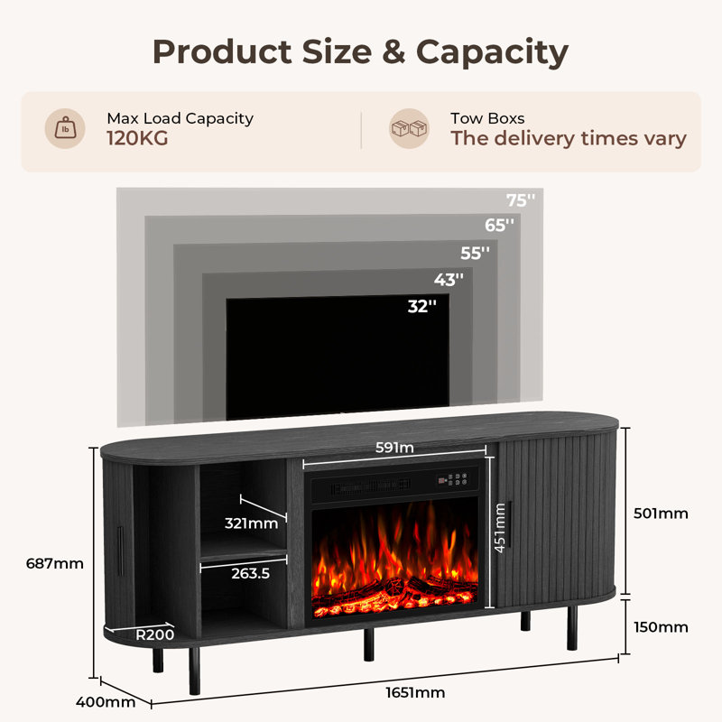 TV Stand Fireplace, 68.7cm H x 165.1cm W x 40cm D, Black