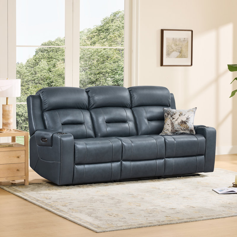 Olathe Genuine Leather Dual Motor Power Reclining Lay Flat Sofa With Power Headrest, Navy