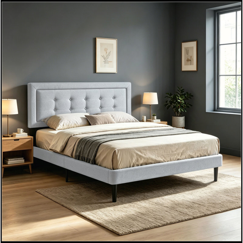 Grand lit plateforme tapissier en tissu avec support à lattes en bois massif pour un sommeil élégant et confortable, Queen