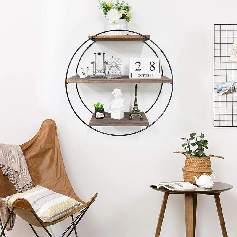 Alaina 3 Piece Circle Floating Shelf, Brown