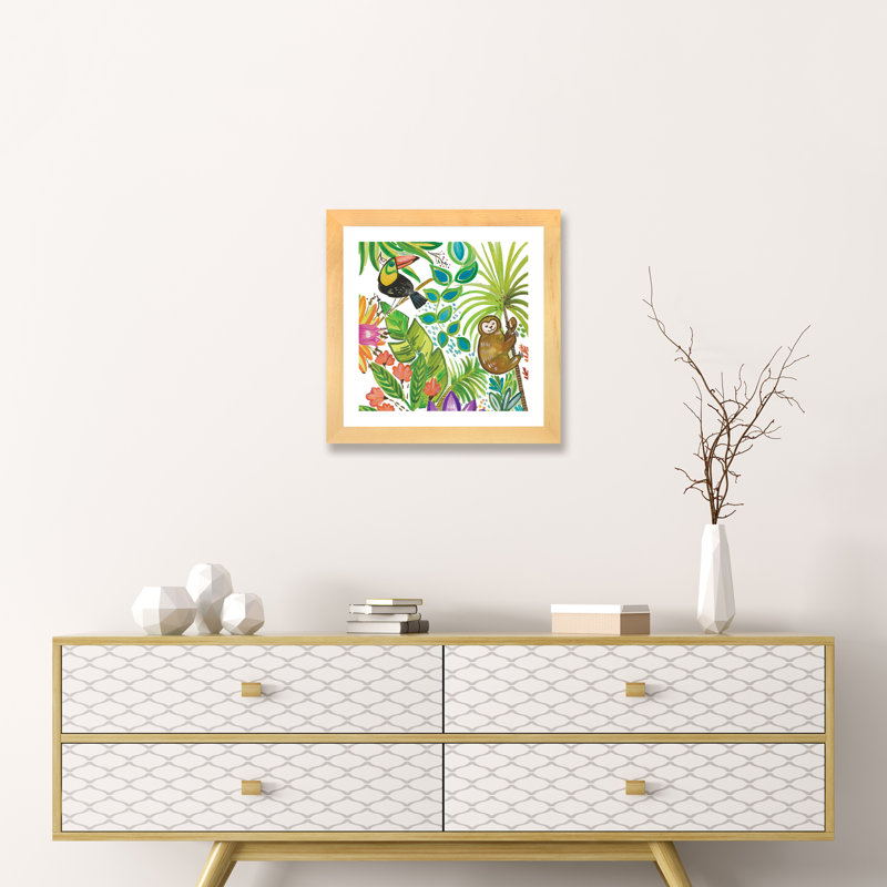 Art tropical encadré, H 16 po x l 16 po x P 1 po, Papier beaux-arts encadré bois naturel