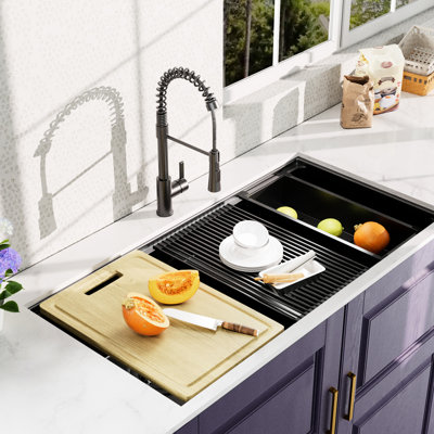 33X19inch Double Bowl Kitchen Sink Gunmetal Black Undermount - 18 Stainless Steel With Faucet, Deep Colander, Cutting Board Bowl, Bottom Grid, Strainer Drain, Board, Heavy Duty Workstation