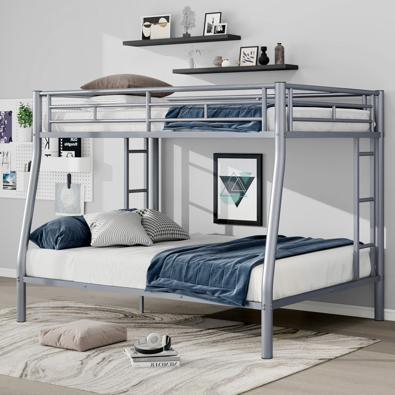 Mattek Twin XL Over Queen Metal Bunk Bed With Ladder And Guardrails, Silver, Full XL