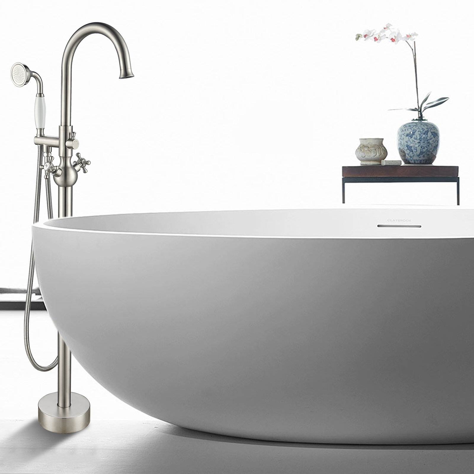 Loeb Floor Freestanding Tub Filler with Diverter, Brushed Nickel
