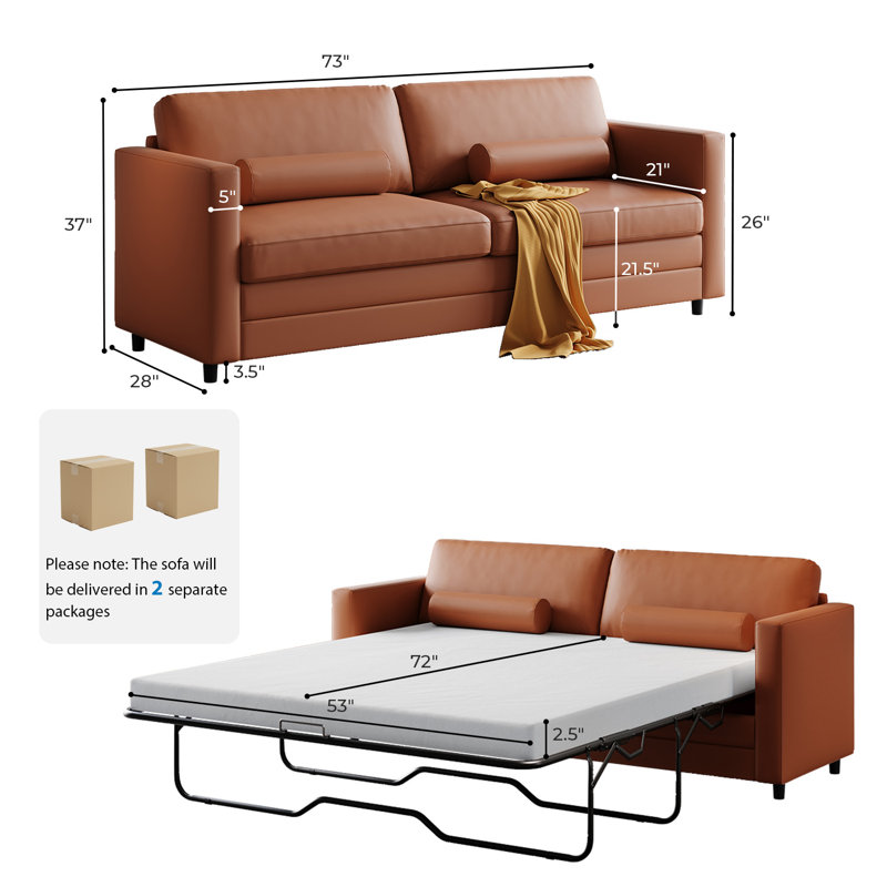 Canapé-lit double escamotable - traversins, Cognac