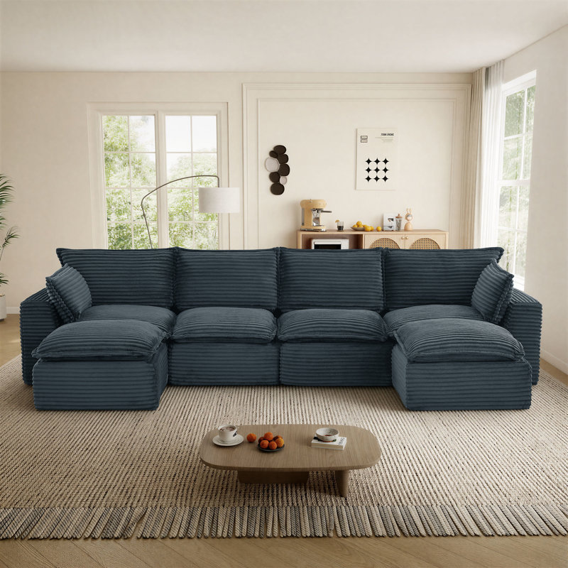 Canapé modulaire en velours côtelé à compression de 6 places de 140,5 po avec accoudoirs et repose-pieds Boneless
