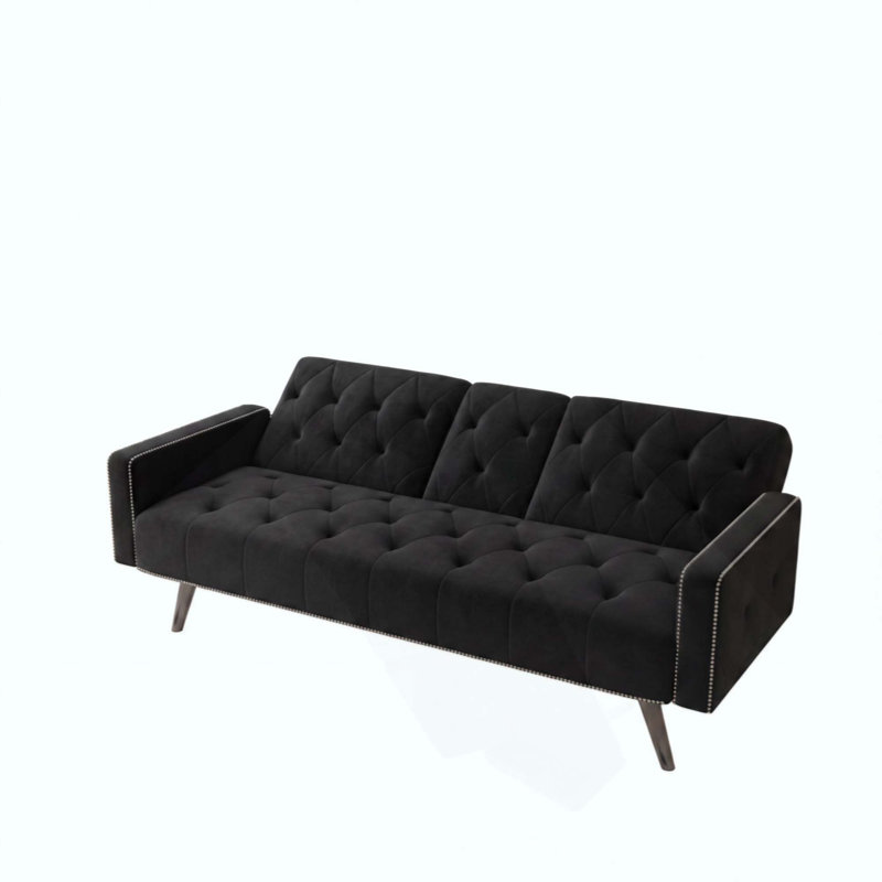 Canapé-lit avec accoudoirs avec garniture cloutée et deux porte-gobelets Canapé en velours noir de 72 po pour petits espaces