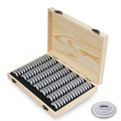 100 pcs Coin Capsules Storage Box with Wooden Case Holder Collection Display Box
