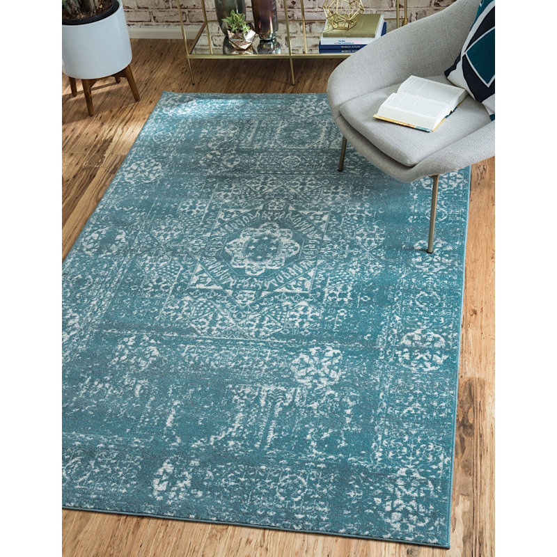 Tapis bleu sarcelle Kasha, Rectangle 8 pi x 10 pi