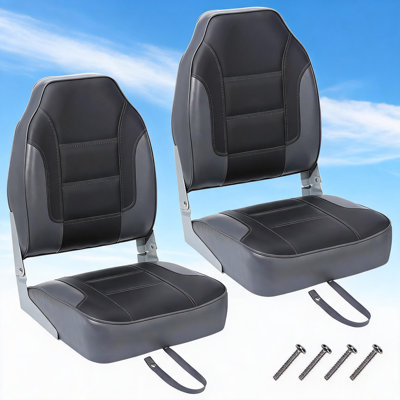 High Back Folding Boat Seats 2 Pack – Thick Waterproof Cushions – Durable Mounting Hinges – Comfortable Marine Chairs for Fishing, Pontoon, Canoe, Jon Boats – Dark Grey