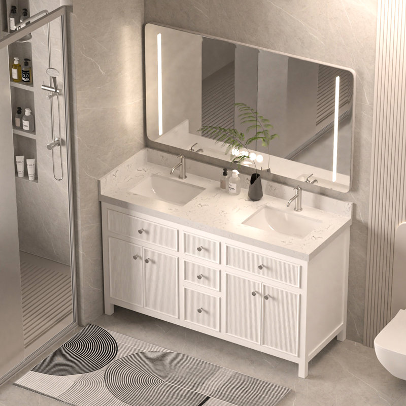 Ensemble de meuble-lavabo double 60 po avec armoire en bois blanc Lunavia, 60" W