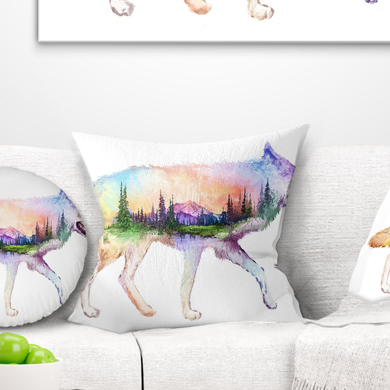 Loup double exposition - coussin imprimé animal, 18 po x 18 po, Coussin décoratif