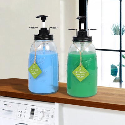 Set of 2 Refillable 50oz Farmhouse Mason Jar Style Glass Containers for Laundry Detergent, Bath, or Dish Soap with Black Lid and PumpAid