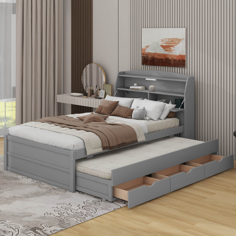 Lit plateforme en bois à DEL avec tiroirs, tête de lit et lit gigogne, Lit double, Blanc