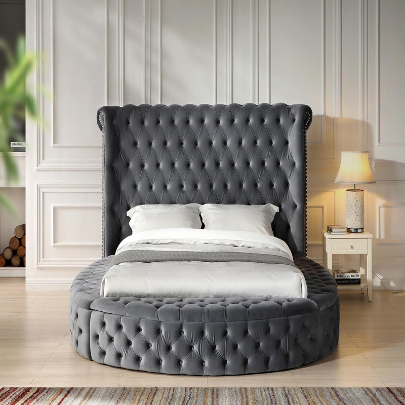 Lit avec rangement en velours Mirna, Gris, Lit simple