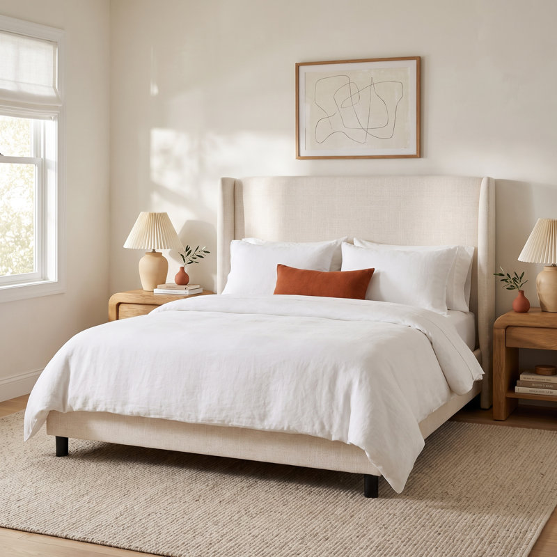 Tilly Upholstered Low Profile Platform Bed, Queen, Zuma White Textured Linen