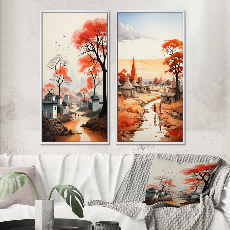 «Peach Gray African Village Visions», 2 pièces, Cadre blanc, H 40 po x l 40 po