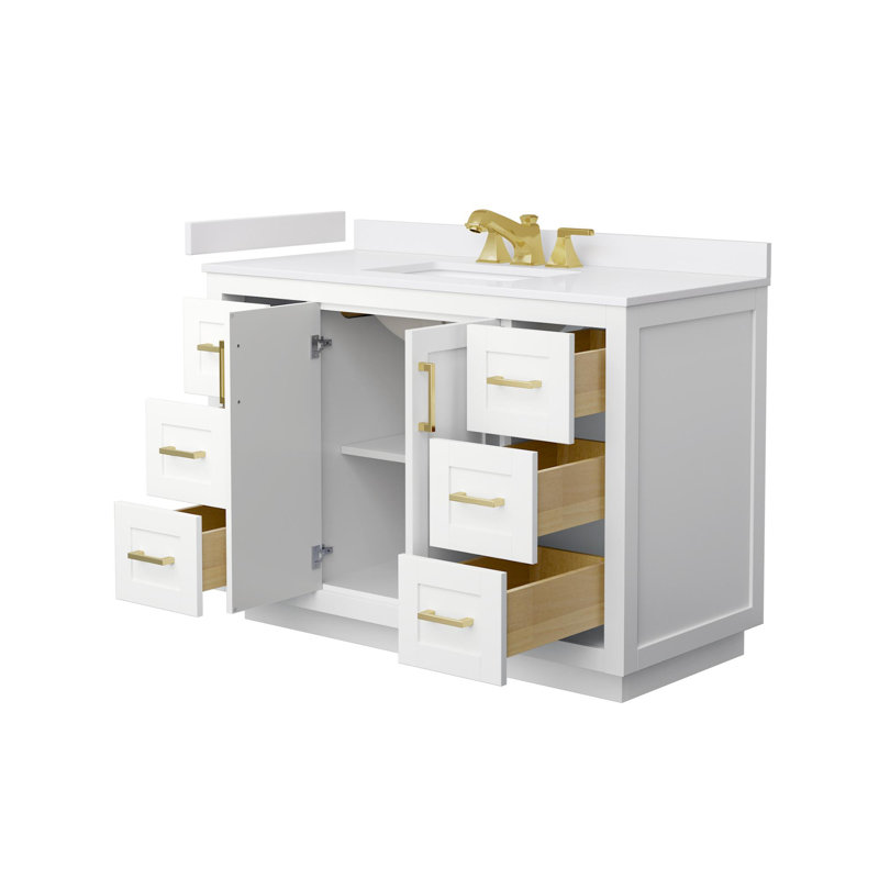 Ensemble de meuble-lavabo simple autoportant avec plateau en marbre Miranda, Or brossé, Blanc