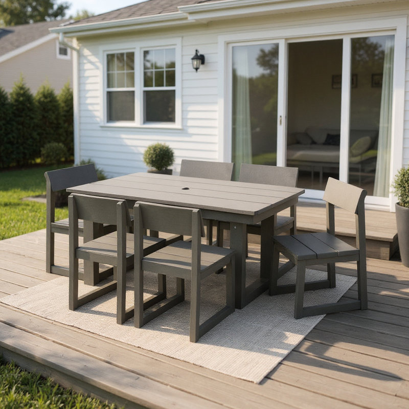 7 Outdoor Dining For 6, Weather- Patio Furniture In Gray With Table And 6 Armless Chairs Poolside Entertaining Umbrella Hole Get - Togethers