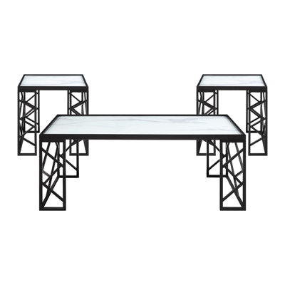 3Pc Table For Decor: Tempered Glass Tops And Black Metal Frame Living Room Furniture: