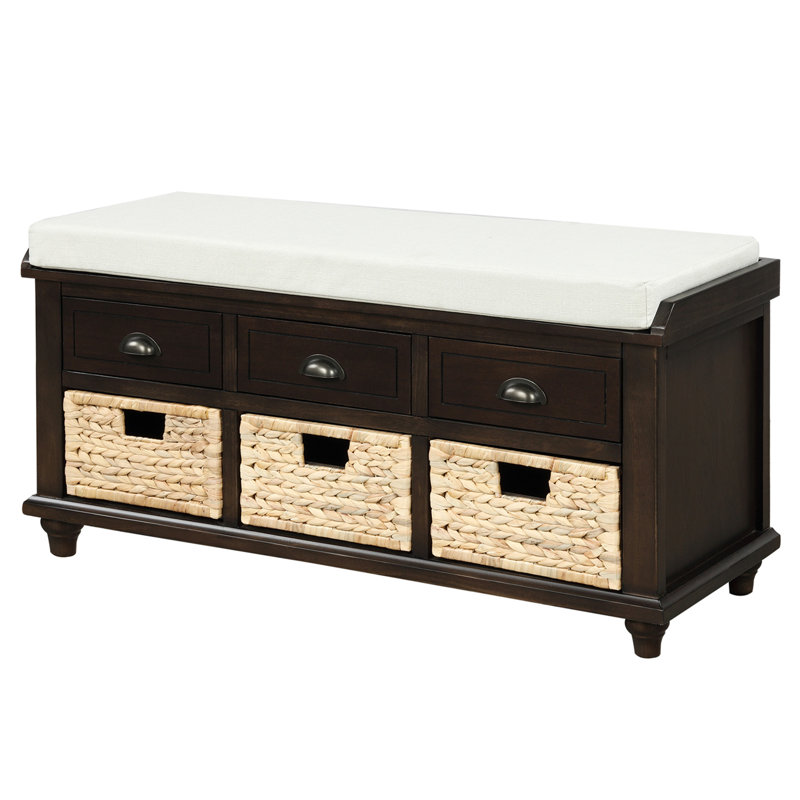 Banc de rangement rustique avec 3 tiroirs et 3 paniers en rotin, banc à chaussures pour le salon, vestibule (), Espresso