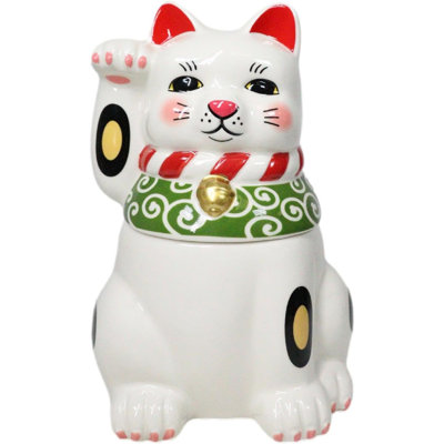 Japanese Maneki Neko Lucky Fortune Charm Cat Ceramic Cookie Jar Figurine